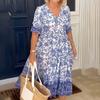 Vestido Verão 2024 Aliexpress Novo Vestido Estampado Solto Moda Europeia e Americana Decote V Chiffon Saia Plissada