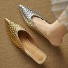 Moda Francesa Elegantes Sandalias Mocasines de Verano para Mujer con Puntera Dorada Tejida de Tacón Medio