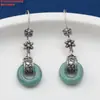 Pendientes de Plata de Ley S925 Ágata de Jade Estilo Étnico Antiguo Vintage Pendientes del Dios de la Riqueza de Cinco Vías Pendientes de Loto de Jade