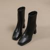 Botas cortas de tacón alto con cabeza cuadrada para mujer, otoño e invierno 2024, nuevas botas francesas de cuero, botas finas elásticas sencillas, botas de tacón grueso de moda