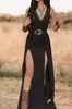Moda Europeia e Americana Feminina Independente 2026 Vestido Longo Preto de Gola V Sem Mangas com Fenda Vestido Sexy de Cintura Alta