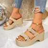 Sandalias de Mujer Transfronterizas Tacones Altos Y Nuevo Modelo H Textura Comercio Exterior Suela Gruesa 25 Moda Talla Grande Metal 0 Tacón de Cuña Color Dorado