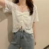 Tejido de Punto Corto con Cordón y Cuello en V Estilo Coreano 2025 Nuevo Estilo de Verano Camisas de Manga Corta Discretas para Mujer