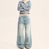 Jeans Azul Lavado Retrô Americano Yongfang para Homens e Mulheres, Casual, Simples, Branco, Solto, Slim, Calças de Perna Reta até o Chão