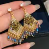 ¡Chapado en Oro Vintage! Aretes de Borla Rombo de Cristal Incrustados con Diamantes, Aretes de Estilo Bohemio, Aretes de Diseño de Nicho para Mujer