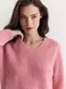 Suéter de punto rosa con cuello en V para mujer, estilo perezoso holgado de otoño, suéter de punto suave y pegajoso, top de ropa nueva de otoño para mujer