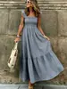 Vestido longo xadrez transfronteiriço feminino, decote quadrado, mangas bufantes, cintura marcada, barra ampla, vestido maxi de praia estilo férias