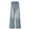 A129 Moda de alta gama de la alta calle americana para hombre y mujer, diseño desgarrado azul lavado de alta gama, jeans acampanados de corte holgado para hombre