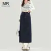 Saia Longa Jeans Azul Denim Cintura Alta para Mulheres 2025 Primavera Novo Estilo Emagrecedora Cobre o Quadril Fenda nas Costas Linha A Justa ao Corpo