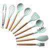 Barril de armazenamento verde água transfronteiriça cabo de madeira utensílios de cozinha de silicone espátula antiaderente de 11 peças utensílios de cozinha terno de cozinha