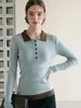 Elegante suéter de punto con cuello polo azul marino de color contrastante para mujer, primavera y otoño, casual y elegante, capa base suave y acogedora 9208