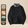 Suéter de punto para hombre con cuello de camisa, otoño e invierno, engrosado, de dos piezas falsas, camiseta base de punto con lana modal, suéter cálido