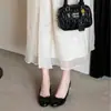 ¡Primer encuentro con tacones altos color rosa nude! Sandalias de charol estilo coreano con lazo, estilo bailarina, punta cerrada para mujer, primavera/verano, punta redonda