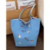 Bolso de Lona Nuevo Bordado de Perrito Cereza, Bolso de Hombro Rayado Doble Cara Simple y Versátil, Bolso Tote de Moda de Nicho para Mujeres