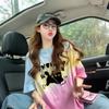 Playera de Algodón Puro Colorida de Nicho Único Dopamina para Mujer, Top Juvenil de Largo Medio con Grafiti de Gato Salado Estilo Ins