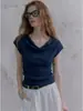 Camiseta de punto azul de manga corta con cuello de volantes para mujer, estilo francés de verano, única y chic, corte ajustado, longitud corta, juego de 1/4 de pulgada