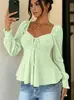 Otoño 2026 Nuevo Amazon TUME Europeo y Americano Cuello en V Cordón Fruncido Sexy Manga Corta Color Sólido Manga Larga Ropa para Mujer