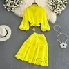 Conjunto de Dos Piezas para Mujer, Camisa Corta Elegante Vintage con Cuello en V, Bordada, Hueca, Manga de Farol, Falda de Línea A Adelgazante de Cintura Alta