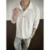 Camisa polo de manga larga deconstruida con tachuelas estilo americano negro para hombre, camiseta de otoño de manga regular resistente, sudadera sin capucha de corte limpio