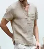 Nueva Camiseta de Algodón y Lino de Manga Corta para Hombre de Verano con Cuello Vertical de Botón y Media Apertura en la Parte Delantera Camisa Simple de Manga Corta