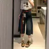 Jeans feminino cropped de perna larga estilo retrô americano, novo modelo de verão 2026, cintura alta, modelagem solta, emagrecimento, calça de comprimento médio reta