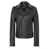 Chaqueta de cuero de vaca de primera capa Haining para motocicleta para mujer, estilo corto con cuello de solapa, cremallera diagonal, corte ajustado, chaqueta de cuero negra para mujer