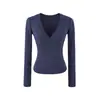 Top básico de manga larga para mujer, escote en V profundo, corte bajo, ajuste ceñido, colección de otoño, adelgazante, ajustado, camiseta sexy
