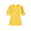 Top Camiseta Sexy de Manga Media con Cuello Profundo en U, Color Caramelo para Yoga Fitness, Ajustado Elástico, Camiseta Base