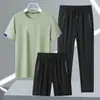 Traje de Tres Piezas para Hombre de Corte Entallado, Pantalones Cortos de Manga Corta, Pantalones Largos, Seda Helada Moda de Verano Transpirable Casual Deportivo
