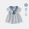 Saias para Bebês e Crianças Pequenas Meninas Vestido Curto de Manga Listrado com Gola Azul Marinho Vestidos Infantis Roupas de Verão para Bebês Fantasia de Performance Novo