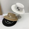 Sombrero de Copa Parasol de Verano Protector Solar para Mujer Estilo Francés Retro Cadena de Perlas Parte Superior Plana Moda Casual Lazo Sombrero de Paja