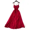 Vestido de seda vermelho estilo resort de nicho para mulheres, coleção de outono 2026, cintura alta, modelador, elegante vestido longo, vestido estilo francês