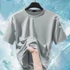 Camiseta Masculina de Manga Curta em Malha de Seda Gelada Cor Sólida Novo Estilo Verão, Camiseta Respirável com Gola Redonda para Homens, Tamanho Grande