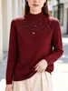 Camiseta base de punto de tres hilos de terciopelo Andy con cuello semi-alto y pedrería resistente para mujer, nuevo top de otoño e invierno, suéter grueso de otoño e invierno