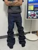 Jeans Wide-Leg de Sarja Crua com Bordado de Letras Estilo Americano Calças Retas Largas Unissex Calças Longas Casuais Street Style Cleanfit