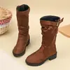 Botas plisadas de estilo coreano para niños, nuevo modelo otoño e invierno 2026, con correas de hebilla de cuero, sin cordones, adelgazantes, de punta redonda, altas para niñas