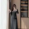 Conjunto de punto con encaje empalmado de dos piezas, nuevo diseño estilo coreano para otoño e invierno, conjunto de cárdigan y falda de nicho de dos piezas