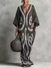 Vestido longo estampado de gola V, estilo europeu e americano, soltinho, plus size, para mulheres, saída de praia protetora do sol, estilo de férias