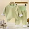Conjunto de ropa térmica de forro polar grueso de doble cara para bebé, de cintura alta, protector de barriga, no restrictivo, estilo cárdigan, conjunto de ropa interior de capa base para otoño e invierno para lactantes