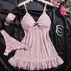 Bestseller transfronterizo europeo y americano: conjunto de camisola y pijama de malla elástica con lunares, escote en V profundo, sexy, color rosa