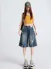 Shorts de mezclilla rasgados de moda para mujer, nuevo estilo caluroso de verano, negros de cintura alta, que cubren la cadera, de corte A, pierna ancha, de longitud media