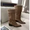 Novedad Otoño/Invierno 2025 Botas Largas con Puño, Punta Fina, Hebilla de Cinturón Tejida, Tacón Grueso, Botas de Montar Delgadas de Ante