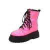 Botas Femininas Europeias e Americanas de Outono e Inverno, Cano Médio, Salto Médio, Solado Grosso, Plataforma Impermeável, Bico Redondo, Salto Quadrado, Cadarço, Tamanhos 35-44
