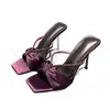 Sandalias de tacón alto con lazo de terciopelo morado, zapatos de tacón alto brillantes y seductores, sandalias de tiras, mules de tacón de aguja para usar al aire libre