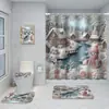 Cortina de Ducha Navideña con Papá Noel, Muñeco de Nieve y Reno, Juego de Cuatro Piezas, Escena Invernal con Cabaña y Árbol de Navidad, Cortina de Ducha Impermeable