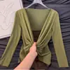 Camiseta Retrô Estilo Coreano Falsa de Duas Peças Color Block Manga Longa para Mulheres, Novo Top Versátil Slim-Fit Curto para Primavera e Outono