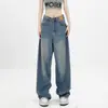 Jeans Preto de Barra Reta Estilo Americano Feminino Primavera e Outono 2024 Novo High Street Solto Calça Mop Calça de Barra Larga