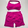 En Stock Dfyne Mismo Estilo Conjunto de Yoga de Alta Elasticidad Sujetador Halter y Conjunto de Shorts Conjunto de Yoga Fitness sin Costuras
