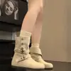 Versão em Pele de Ovelha ~ Elegante Nicho Francês Salto Grosso Fivela de Cinto Meia-Canela Outono e Inverno Botas de Pelo Suede Femininas Versáteis Botas de Moda