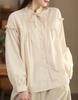 Camisa Feminina Elegante com Pregas Sanfonadas e Cadarço, Gola Cogumelo, Manga Longa, Cor Sólida, Estilo Primavera